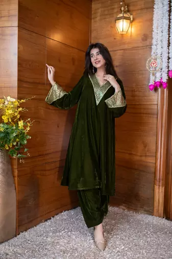 Dark olive sequin work bell sleeves co-ord set