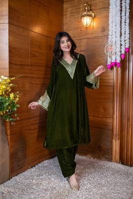 Dark olive sequin work bell sleeves co-ord set 5