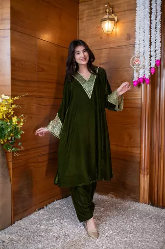 Dark olive sequin work bell sleeves co-ord set