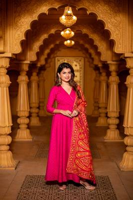 Pink chanderi overlap long anarkali set 1