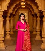 Pink chanderi overlap long anarkali set