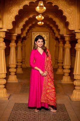 Pink chanderi overlap long anarkali set 2