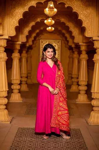Pink chanderi overlap long anarkali set