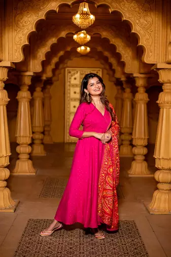 Pink chanderi overlap long anarkali set