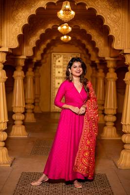 Pink chanderi overlap long anarkali set 4