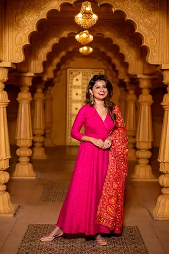 Pink chanderi overlap long anarkali set