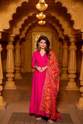 Pink chanderi overlap long anarkali set 5