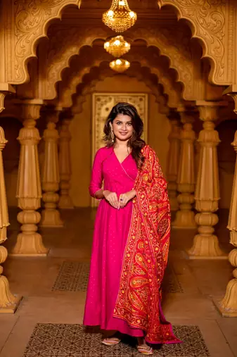 Pink chanderi overlap long anarkali set