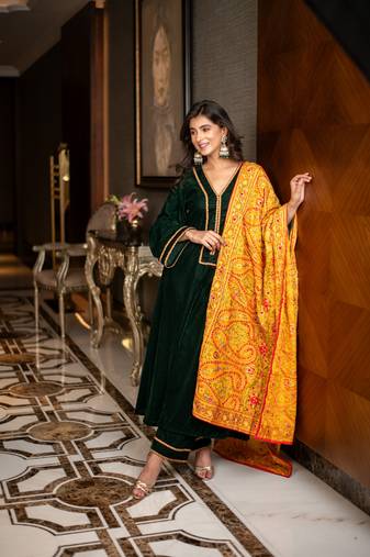 Velvet bottle green with silk mustard heavy dupatta