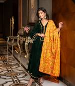 Velvet bottle green with silk mustard heavy dupatta