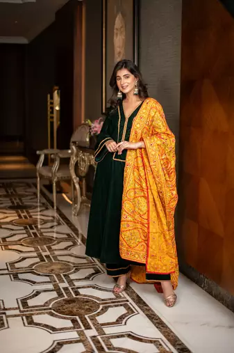 Velvet bottle green with silk mustard heavy dupatta