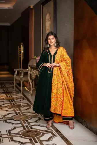 Velvet bottle green with silk mustard heavy dupatta