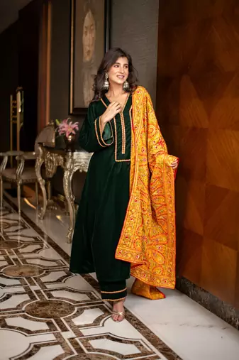 Velvet bottle green with silk mustard heavy dupatta