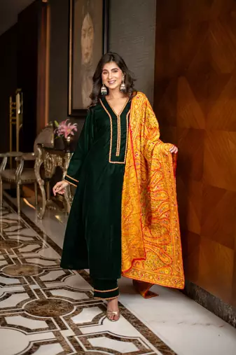 Velvet bottle green with silk mustard heavy dupatta