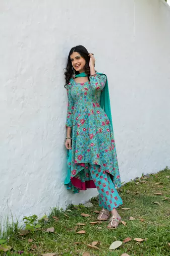Sea green floral cotton kurta set