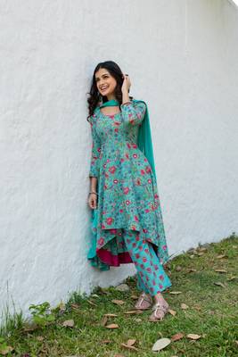 Sea green floral cotton kurta set 3