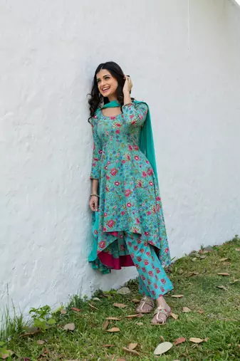 Sea green floral cotton kurta set