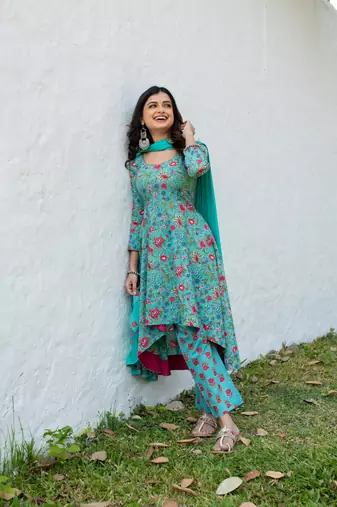Sea green floral cotton kurta set