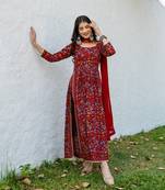 Red floral cotton nyra cut kurta set