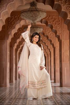 Cream multi color thread work kurta with pallazzo set 1