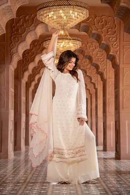 Cream multi color thread work kurta with pallazzo set 3