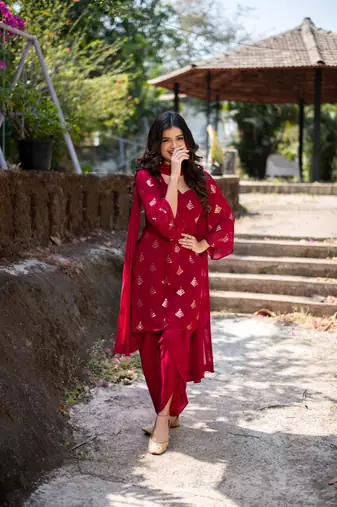 Cherry red sequin patiala
