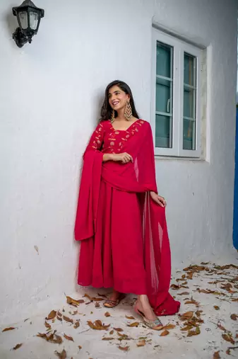 Pink floral gold anarkali set