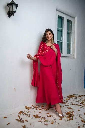 Pink floral gold anarkali set
