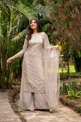 Beige heavy kurta with pallazo set 1