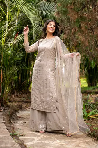 Beige heavy kurta with pallazo set