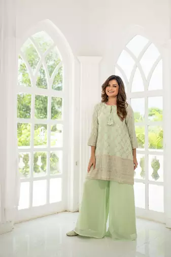 Light pista zari work box style kurta pallazzo set