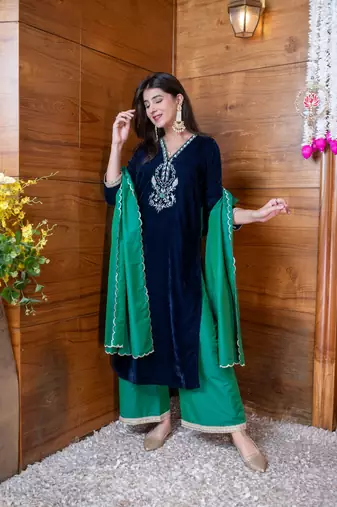 Velvet navy blue and green embroidered kurta set