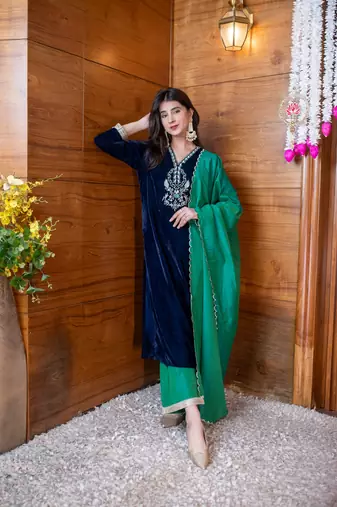 Velvet navy blue and green embroidered kurta set