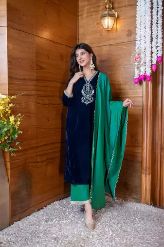 Velvet navy blue and green embroidered kurta set