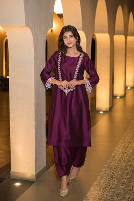 Wine kurta embroidery co-ord set 1