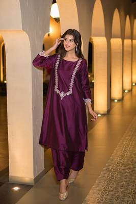 Wine kurta embroidery co-ord set 2