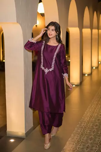 Wine kurta embroidery co-ord set