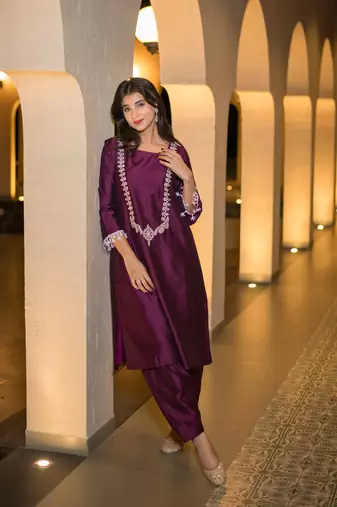 Wine kurta embroidery co-ord set