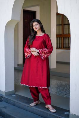 Red bell sleeves embroidered co-ord set 1