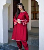 Red bell sleeves embroidered co-ord set