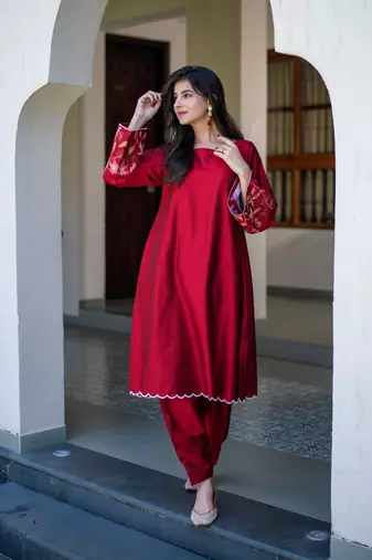 Red bell sleeves embroidered co-ord set
