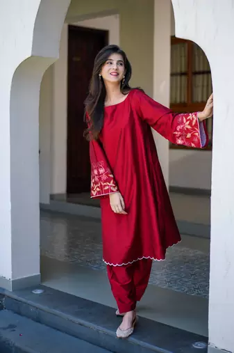 Red bell sleeves embroidered co-ord set