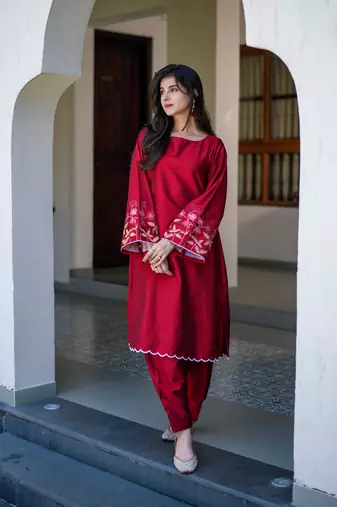 Red bell sleeves embroidered co-ord set