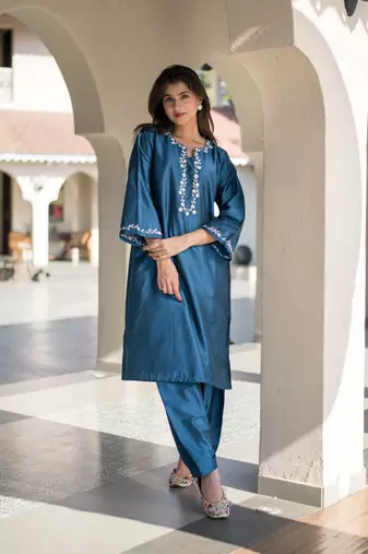Blue kurta embroidery co-ord set
