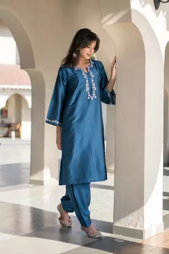 Blue kurta embroidery co-ord set