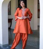 Orange short kurta embroidery co-ord set