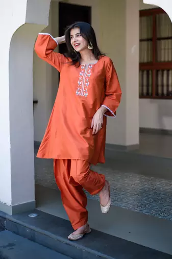 Orange short kurta embroidery co-ord set