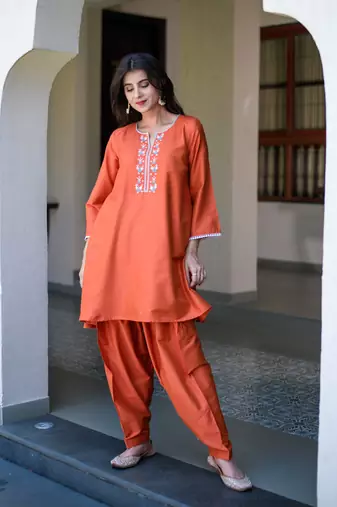 Orange short kurta embroidery co-ord set