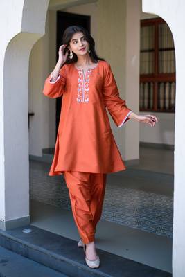 Orange short kurta embroidery co-ord set 5