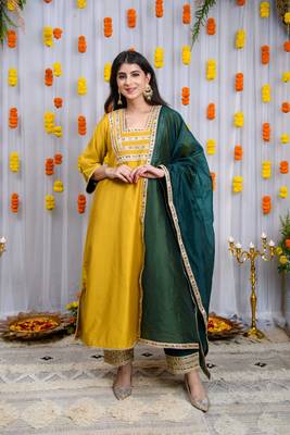 Mustard and green silk kurta set 1